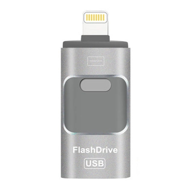 Flash Drive , Clé Mémoire USB 3.0 3 en 1 avec Boîtier en Alliage d'Aluminium Gris Argent, Dotée de Trois ports Intégrés : USB-C, Port iPhone et Port USB. Conçue pour le Transfert de Fichiers à Haute Vitesse, le Stockage Externe et la Compatibilité avec iOS, Android et les Appareils USB Traditionnels. Format Compact de 55 x 22,5 x 9,2 mm et Capacité de Stockage de 64 Go Ou 128 Go. Idéale comme Clé photo pour Préserver des Souvenirs Chéris.
