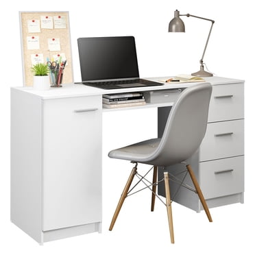 Madesa  Computer Desk 53 Inch with 3 Drawers 1 Door and 1 Storage Shelf Ergonomic Wooden Home Office Gaming Writing Workstation Study Furniture - White