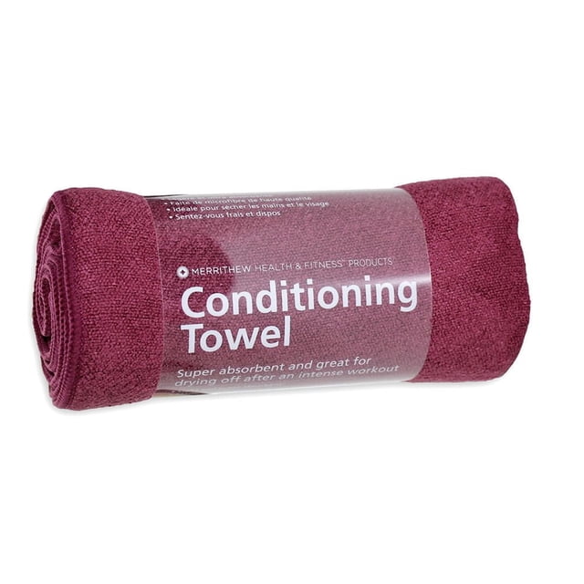 Merrithew Conditioning Towel in wine colour, rolled and labelled, made from microfiber with moisture-wicking and quick-dry technology, suitable as a yoga mat towel for workouts and high-intensity training.