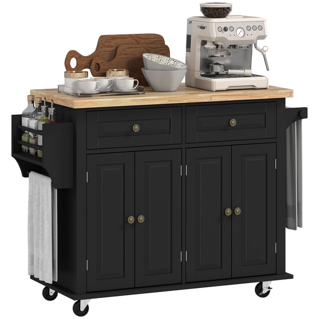HOMCOM Chariot Moderne Kitchen Island à Roulettes avec Tiroirs, Porte-Épices Noir, avec Plateau en Bois de Caoutchouc Verni, Deux Tiroirs à Glissement Facile, Deux Armoires Dissimulées avec Tablettes Ajustables, un Porte-Serviettes et un Porte-Épices. le Chariot Est Équipé de Quatre Roulettes à Roulement Fluide, Deux d'Entre-Doigts avec Freins Verrouillables pour la Stabilité. Dimensions : 43,7 Pouces de Large, 17,5 Pouces de Profondeur et 32,5 Pouces de Hauteur. Convient pour Maximiser le Rangement et l'Organisation de la Cuisine