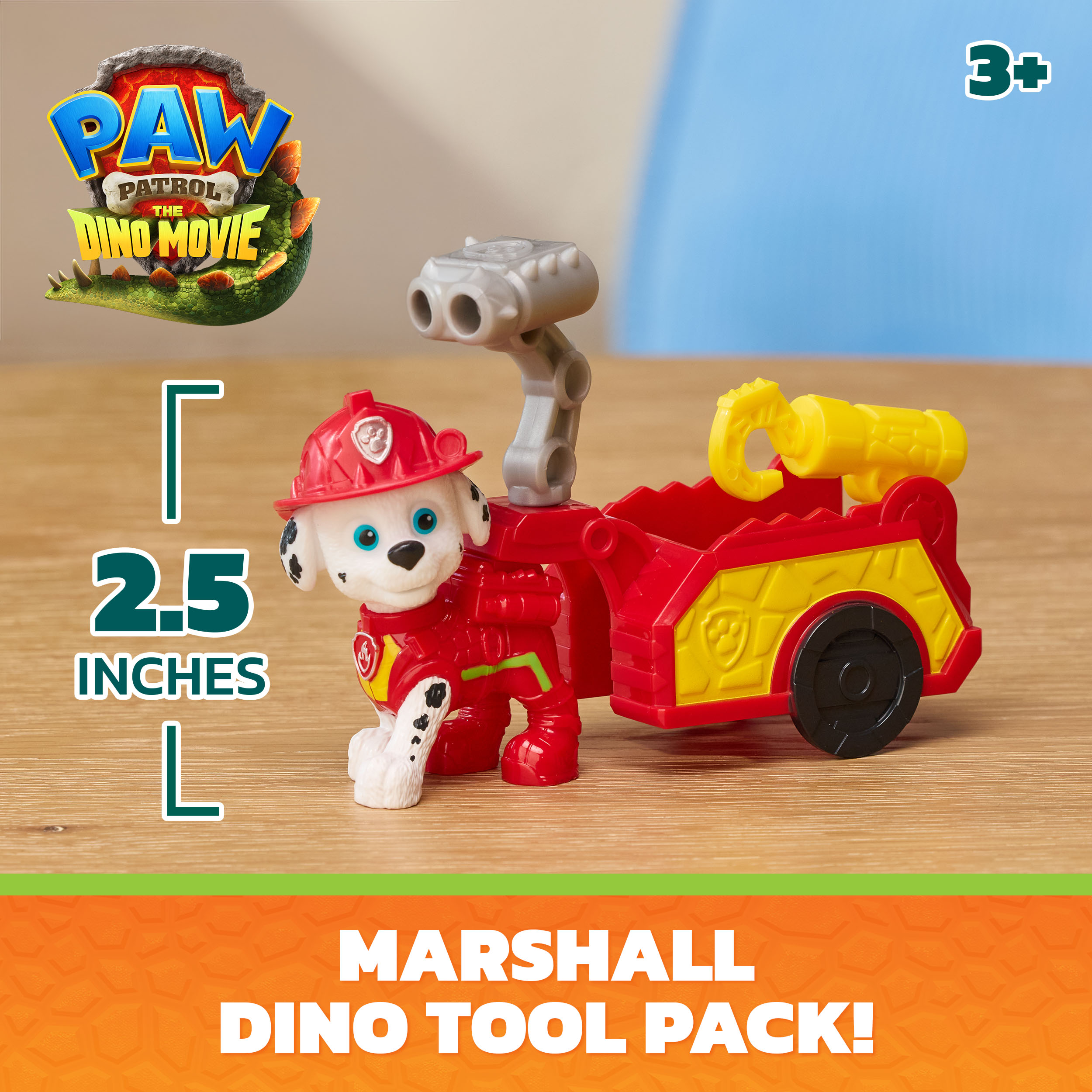 PAW Patrol: The Dino Movie, Marshall Dino Tool Pack, 2.5-Inch Action Figure with Attachable Rescue Trailer and 2 Interchangeable Tools, Preschool Toys for Boys and Girls Ages 3+