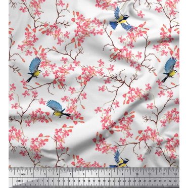 Soimoi Polyester Crepe Fabric Floral & Blue Tit Bird Print Fabric by The Yard 52 Inch Wide