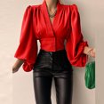 thumbnail image 2 of CEHVOM Women Spring Casual Solid V Neck Lantern Long Sleeve Buttons Pullover Blouse Shirt Draw Back Short Tops, 2 of 7