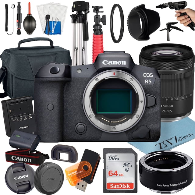 Canon EOS R5 Mirrorless Digital Camera with RF 24-105mm STM Lens, shown with a comprehensive accessory bundle including a mount adapter, 64GB SanDisk memory card, lens cap, body cap, neck strap, battery, charger, UV filter, cleaning tools, multiple tripods, padded camera case, and microfiber cloth. The camera features a 45MP full-frame CMOS sensor, DIGIC X image processor, 8K raw video recording, 12 fps mechanical shutter, and 5-axis image stabilization. Accessories enhance functionality and portability for professional and versatile use.