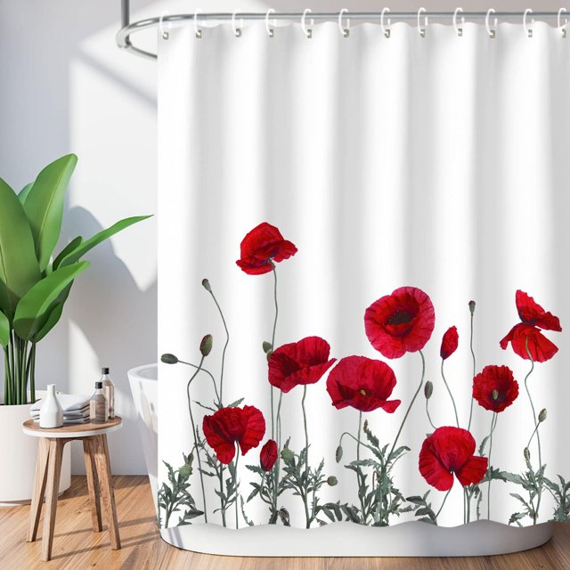 Rideau de Douche LIVILAN Poppy Rouge, Rideaux de Douche pour Salle de Bain, Rideau de Douche Floral Rouge, Rideau de Salle de Bain en Tissu à Fleurs Rouges, Ensemble de Décoration pour la Maison avec Crochets Décoratifs, Lavable en Machine, 72 Pouces L x 72 Pouces H