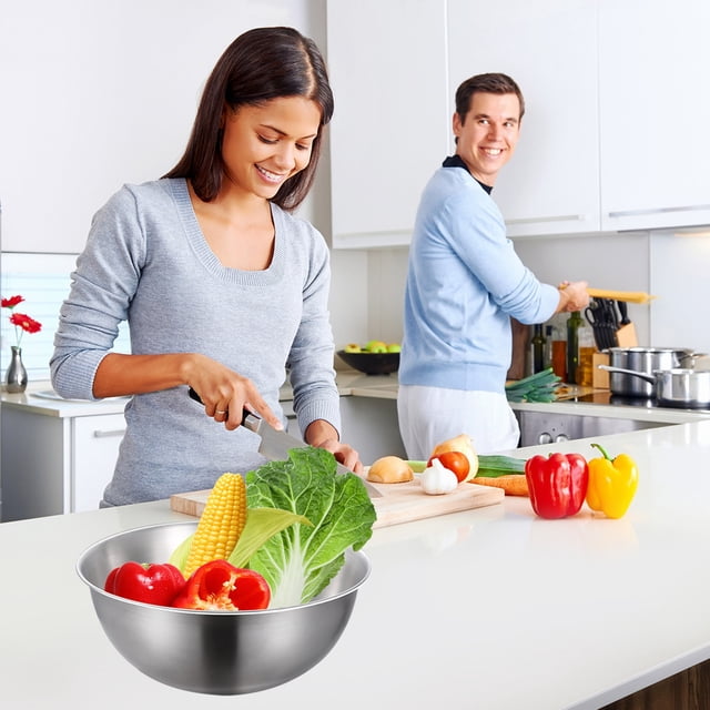 Ensemble de Bols à Mélanger en Acier Inoxydable, Organisateur de Rangement pour Aliments de Réfrigérateur Domestique, Robuste, Résistant à la Rouille, Robuste, Facile à Nettoyer, Va au Lave-Vaisselle, Polyvalent pour Mélanger, Servir, Salade, Maïs Soufflé, Empilable