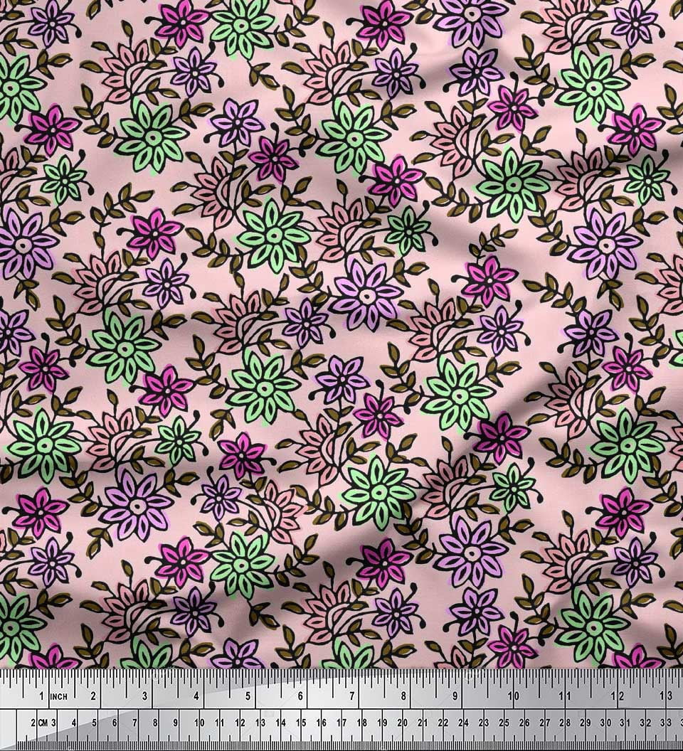 Soimoi Rayon Crepe Fabric Leaves & Floral Block Print Sewing Fabric Yard 46 Inch Wide