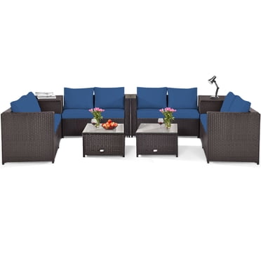 Patiojoy 8-Piece Outdoor Rattan Sectional Loveseat Couch Conversation Sofa Set with Storage Box &Coffee Table Navy