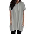 thumbnail image 2 of Qertyioot Women's Solid Color Hooded Drawstring Round Neck Short Sleeved T-shirt Loose Top, 2 of 6