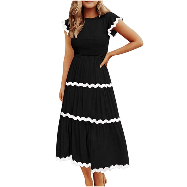 AherBiu Robes pour Femmes 2024 Décontracté Printemps Tendance à Blocs de Couleur Longue Robe Manches Cap A Robe Maxi