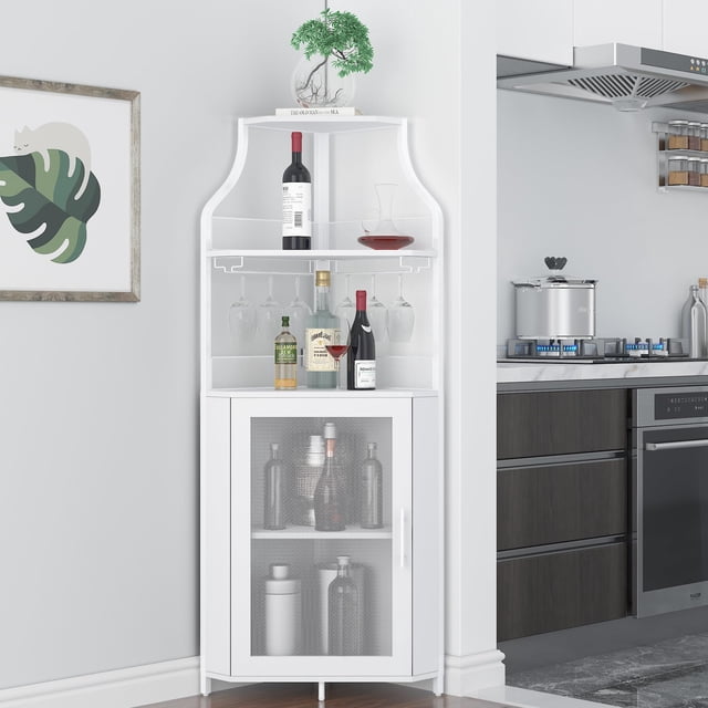 EDTara Corner Wine Cabinet with Removable Wine Rack, Wine Bar Cabinet with Barn Door and Adjustable Shelves, Industrial Wine Cabinet for Dining Room, Living Room,Kitchen