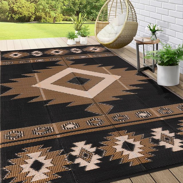 Findosom 9'x12' Waterproof Outdoor Rug, Foldable Reversible Plastic Straw Rug, Large Patio Rug for Outdoors, RV, Patio, Backyard, Deck, Picnic, Beach, Camping Black
