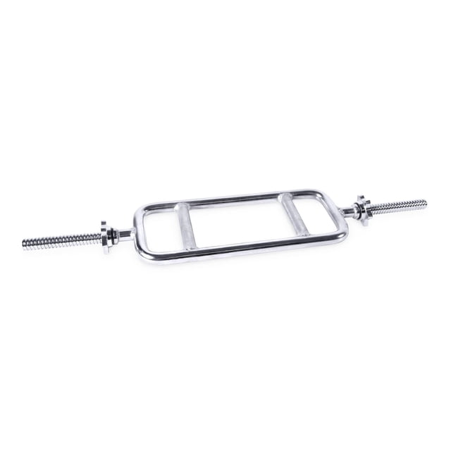 CAP Barbell Standard Chrome Tricep Bar with Threaded Ends shown front-facing on white background. Made of solid steel with chrome finish, it features diamond-knurled grips and threaded ends with star collars for 1-inch standard plates, supporting up to 200 lbs. Ideal for targeted triceps workouts and Olympic lifting.