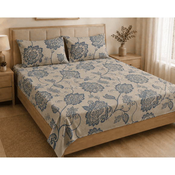 Aarniva Cotton Bedsheet Set King- Ivory Blue Floral