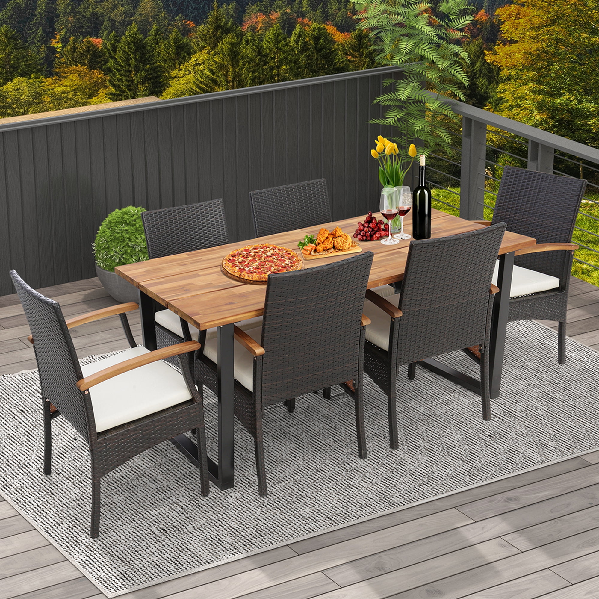 Costway 7 PCS Patio Rattan Dining Set Acacia Wood Table 6 Wicker