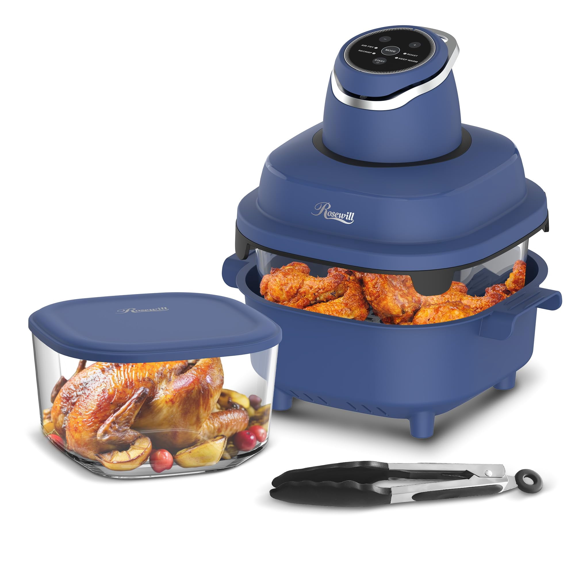 Rosewill 4-in-1 Portable Glass Air Fryer, 4.7QT Transparent Glass Cooking Pot with Storage Lid & Tongs, Compact Smart for Deep Roast, Recrisp, Keep W