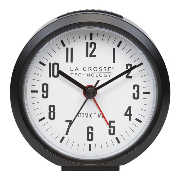La Crosse Technology 617-710B-INT 4-Inch Round Black Atomic Analog Alarm Clock