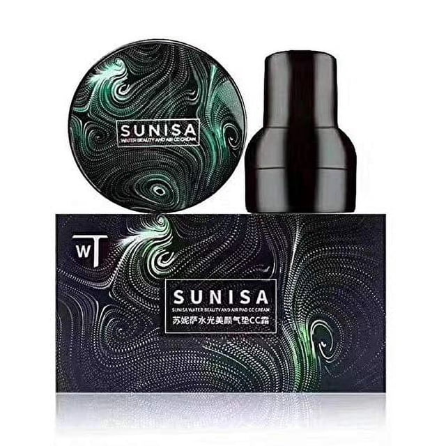 Sunisa Water Beauty and Air CC Cream Foundation Ensemble, Incluant un compact avec un design Tourbillonnant Vert et Noir, un Applicateur Noir et un Emballage Assorti. Idéal pour les Utilisateurs de BB et CC Cream Recherchant un Port Imperméable Longue Durée et un Ajustement Soyeux pour un Maquillage nude.