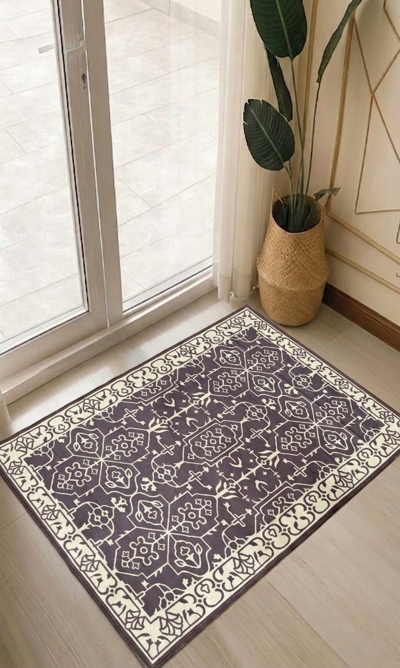 Home Decor Inc. Tapis en nylon à motifs géométriques tribaux, anthracite et ivoire, avec bordure – 4 pi x 6 pi – Recommandé pour le salon, la chambre et la salle à manger