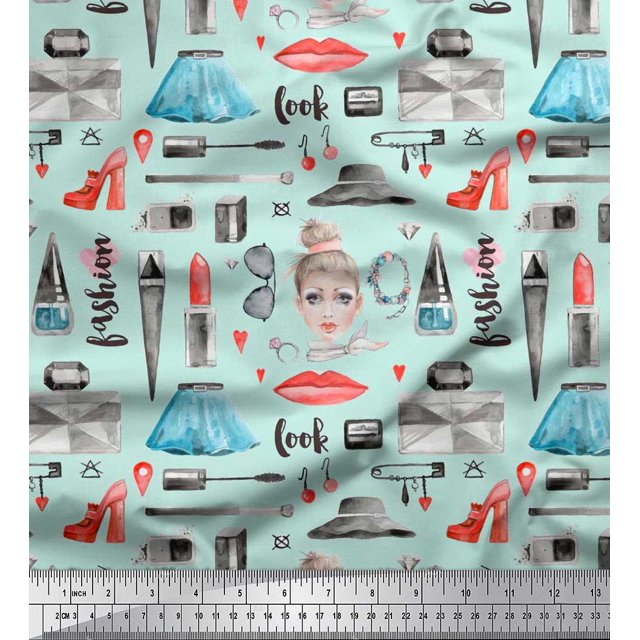 Soimoi Poly Georgette Tissu Rouge à Lèvres, Bouteille de Parfum & Robe Mode Imprimé Tissu d'Artisanat par la Cour 52 Pouces de Large