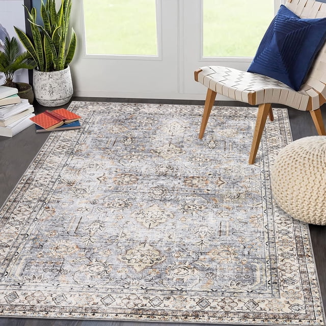 Garvee 9'x12' Area Rugs for Living Room Vintage Persian Rug Boho Floral Distressed Rug Farmhouse Non-Slip Low Pile Accent Rug, Light Gray Blue