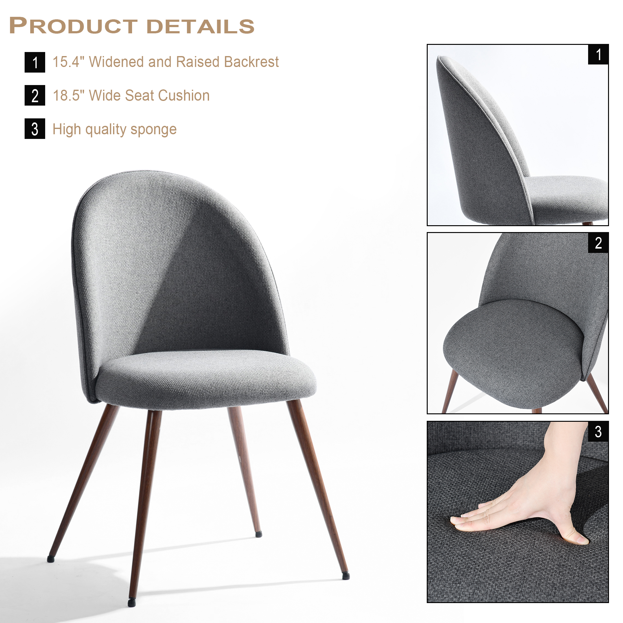 Homy Casa chaises de salle à manger lot de 2, tissu gris, dossier courbé, pieds en métal aspect noyer