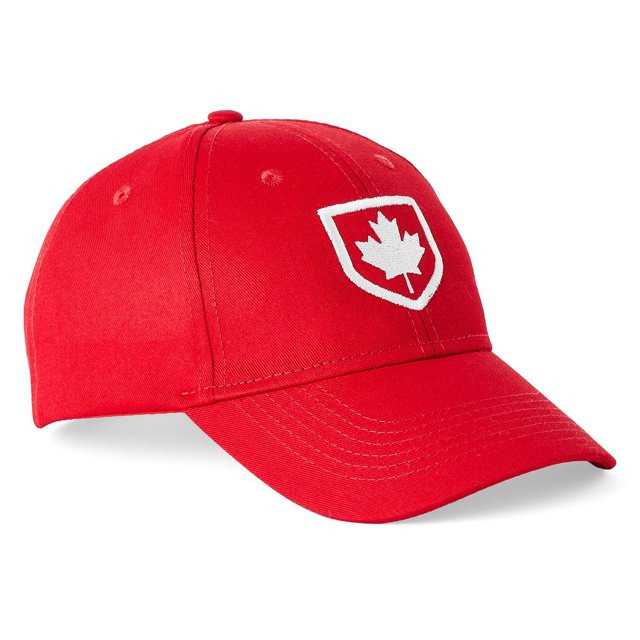 George Men's Baseball Cap in red cotton with a curved peak and 6-panel design, featuring white embroidered maple leaf emblem, ventilation eyelets, button on the crown, and adjustable hook and loop strap closure, ideal for casual and outdoor use.