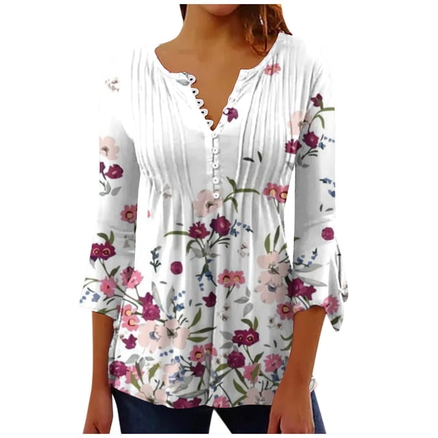 CEHVOM Hauts Plissés Basiques à Manches 3/4 Trompette Imprimée Boutonnée pour Femmes Blouses en Liquidation