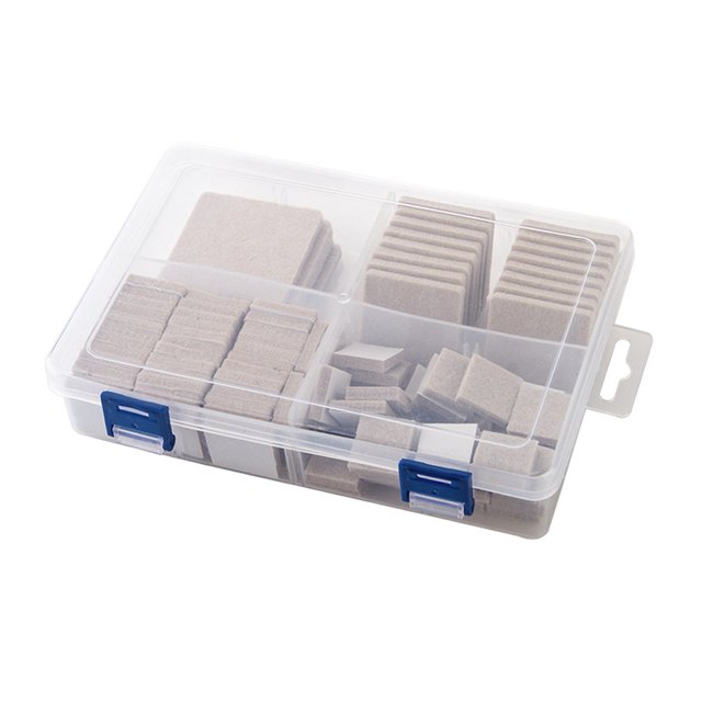 100PCS Furniture Pad Non-slip Protective Furniture Gripper Chair Leg Pad set in beige felt material, stored in a transparent plastic box with blue latches. Includes self-adhesive round and square pads in various sizes for protecting hardwood floors, reducing noise, and ideal for furniture accessories.