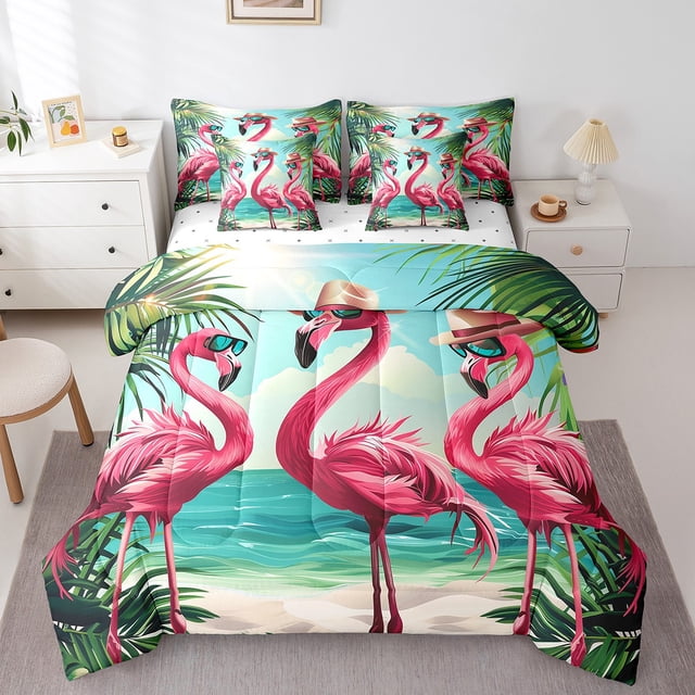 YST Pink Flamingo Bedding Set, 7-Piece, Tropical Marine Theme, King Size