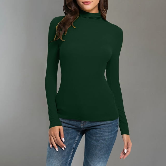 Mefallenssiah Mode Femmes Col Roulé Uni Manches Longues Tricot T-Shirt Ajusté Blouse Hauts Vert TG