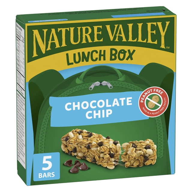 Nature Valley Lunchbox Chocolate Chip Granola Bars box containing five individually wrapped bars with oats and chocolate chips, labelled peanut free and made in a peanut free facility, providing a fibre-rich snack ideal for busy, active lifestyles.