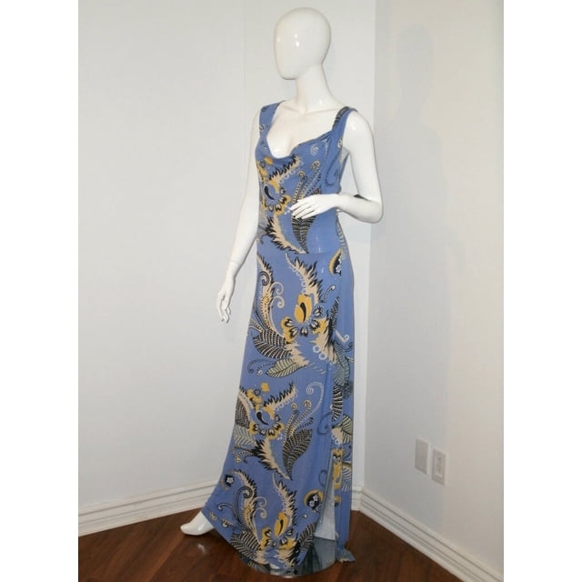 TAHARI Robe MAXI Drapée Bleue Jaune à Fleurs d'Eau Douce Georjeanna Fendue $158