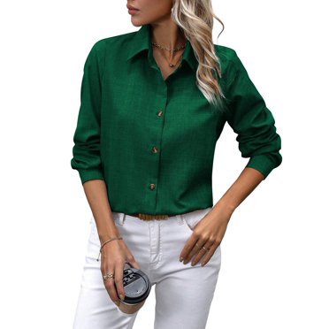 Button Down Shirts for Women Long Sleeve Blouse Shirts Casual Solid Office Work Tunic Top Dark Green XXL