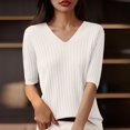 thumbnail image 2 of Womens Short Sleeve V Neck T Shirt 2025 Summer Ribbed Knit Slim Fit Basic Solid Color Tee Tops Fashion Clothes, 2 of 3