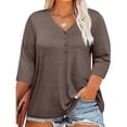 thumbnail image 2 of Plebaso Womens Plus Size Tops 3/4 Sleeve V Neck Casual T Shirts Loose Solid Color Button down Blouses Tees, 2 of 7