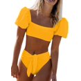 thumbnail image 1 of Womens Cute Solid Bubble Sleeves High Waisted Two Piece Bikini Swimsuit,Yellow,L, 1 of 4