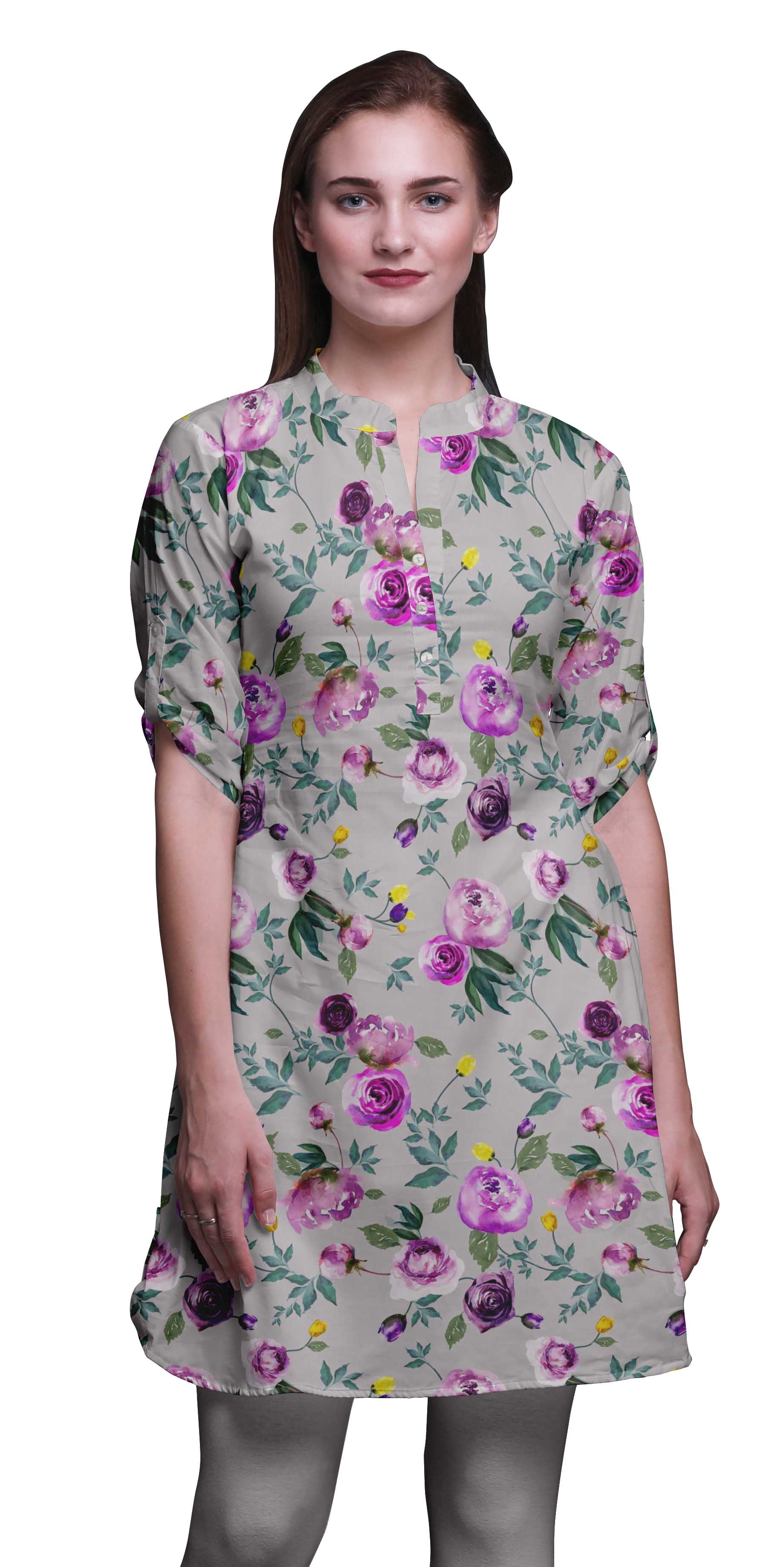 Bimba Indian Short Kurtis For Women Printed Tunic Roll Up Sleeve Shirt