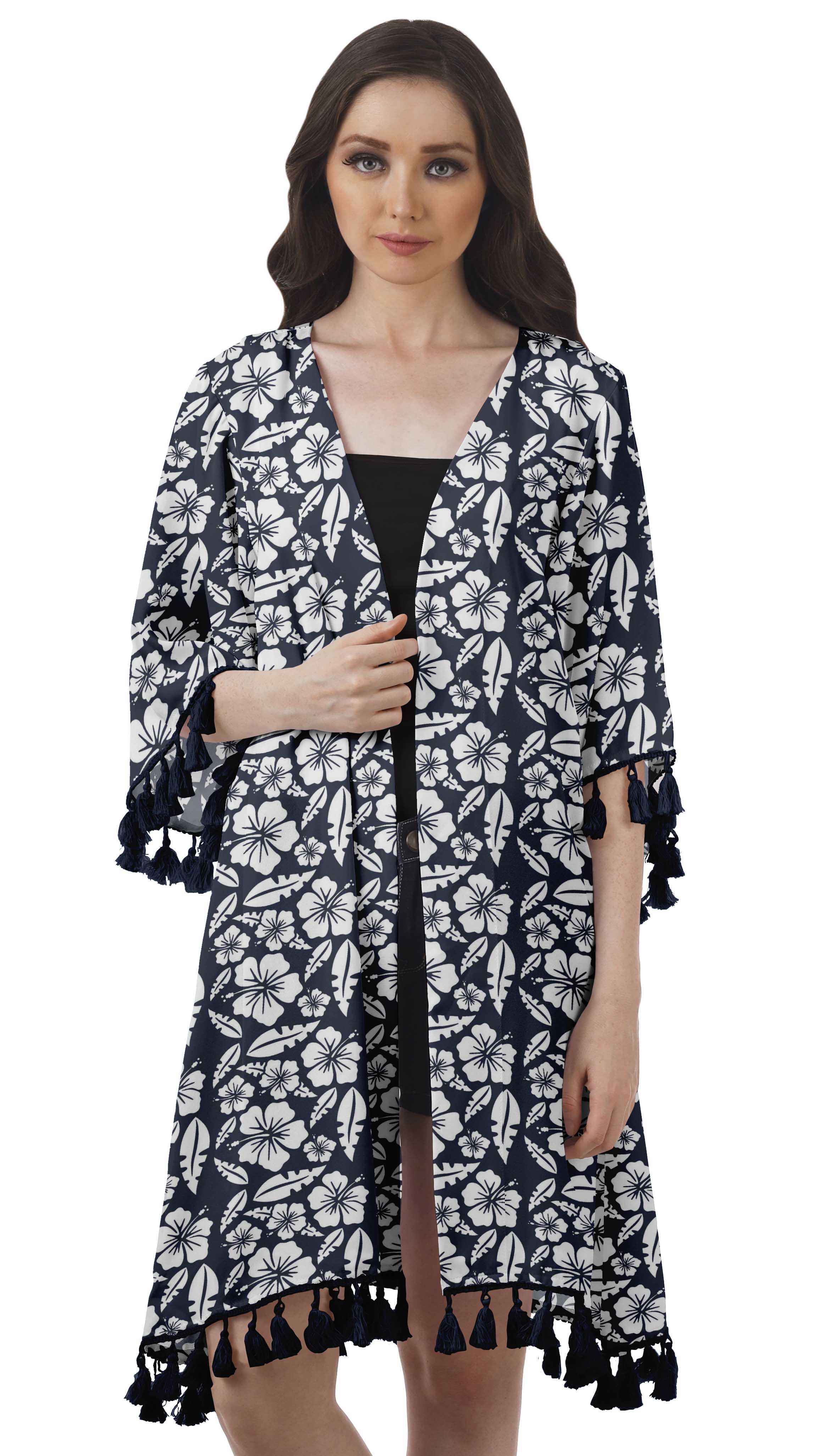 Moomaya Front Open Printed Shrug 3/4 Sleeve Georgette Beach Cover Up For Women