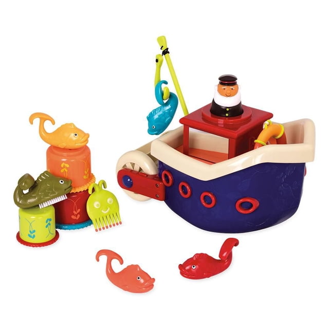Battat - B.Toys - Ensemble de Jouets de Bain Poisson et Éclaboussures avec un Bateau Bleu et Crème Présentant une Cabine Rouge et une Figurine de Capitaine, Canne à Pêche Jaune avec Poisson Bleu, Bouée de Sauvetage, Quatre Jouets de Poisson Colorés, Trois Tasses Empilables, et Peigne Pieuvre Vert et Brosse Baleine, Conçu pour une Prise Facile par les Bébés de 6 Mois et Plus pendant l'Heure du Bain.