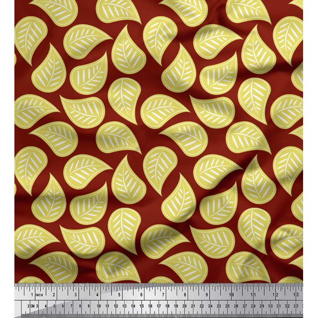 Soimoi Red Poly Georgette Fabric Artistic Leaves Print Fabric by Yard 52 Inch Wide
