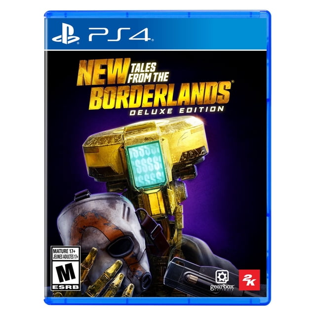 New Tales From The Borderlands - Deluxe Edition PlayStation 4 game case featuring a golden robot with a glowing dollar sign screen, a worn white and orange mask, and a futuristic gun on a dark purple background, suitable for fans of narrative-driven adventure games.