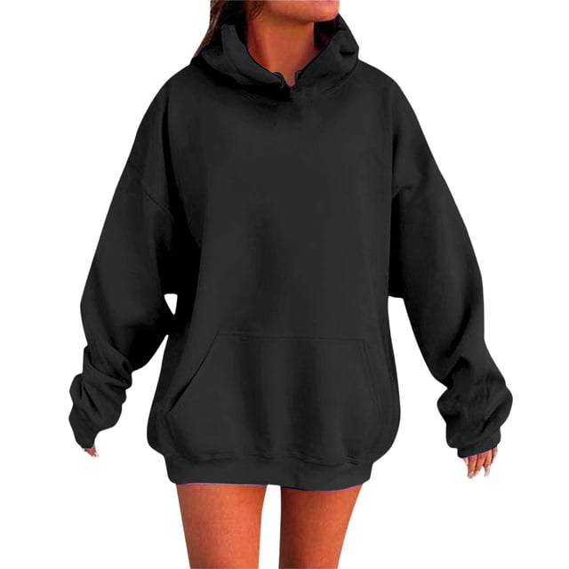 Chandail à Capuchon Femme Couleur Unie Basique Automne Chandail à Capuchon avec Poche avant Extensible Coupe Confortable Chandail Molletonné à Enfiler Chandail Ras du Cou pour Femmes Noir G