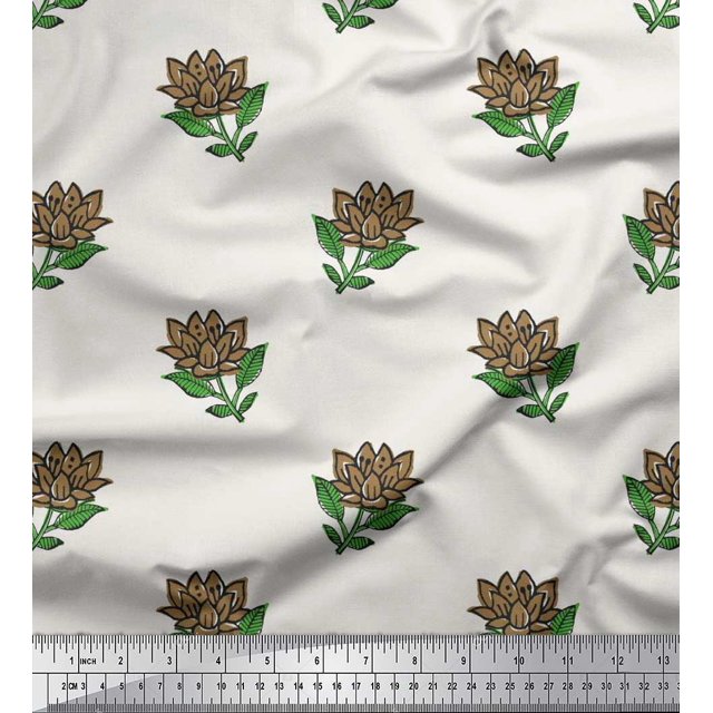 Soimoi Moss Georgette Fabric Leaves & Lotus Block Print Sewing Fabric Yard 42 Inch Wide