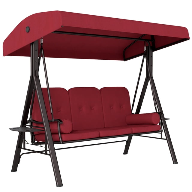 Outsunny Fauteuil Swing d'Extérieur 3 Places Porch Swing Robuste en Rouge Vin. Doté d'Un Cadre en Acier Enduit de Poudre, d'Un Auvent en polyester Ajustable pour Résistance aux UV et à l'Eau, et de Coussins Épais Rembourrés avec Deux Oreillers Ronds pour Plus de Confort. Comprend des Porte-Gobelets Pliables et des Plateaux Latéraux pour Plus de Commodité. Convient aux Jardins, patios et Autres Espaces Extérieurs. Dimensions : 81,9 Pouces de long, 47,6 Pouces de Large et 67,7 Pouces de Haut. Capacité de Charge : 79