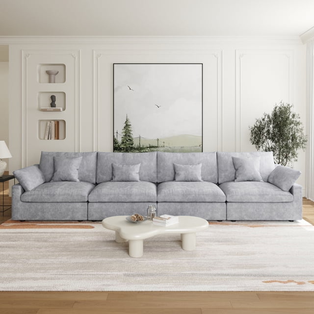 The Magic Home Canapé Sectionnel Modulaire en Lin à 4 Places, Gris Pâle