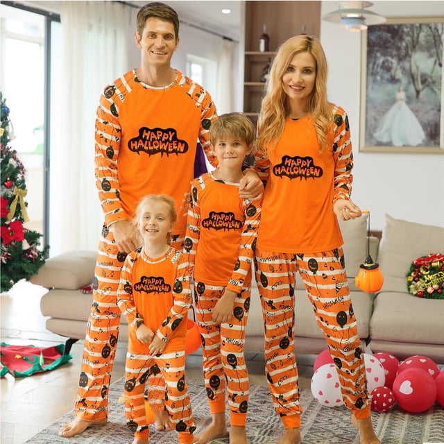TIMIFIS Pyjamas d'Halloween pour la Famille pour Femmes/hommes Pyjamas des Fêtes d'Halloween Ensembles Assortis Tenue de Nuit 2 Pcs Combinaison Toile d'Araignée Fantômes Citrouille Squelette Haut et Pantalon Tenue Tenue d'Intérieur Hiver
