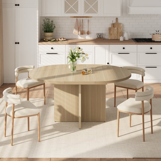 43.3''-59'' Extendable Dining Table for 4-8, Kitchen Table with Hidden Storage & Sturdy Cross Base, Dinner Table for Dining Room, Removable Leaves