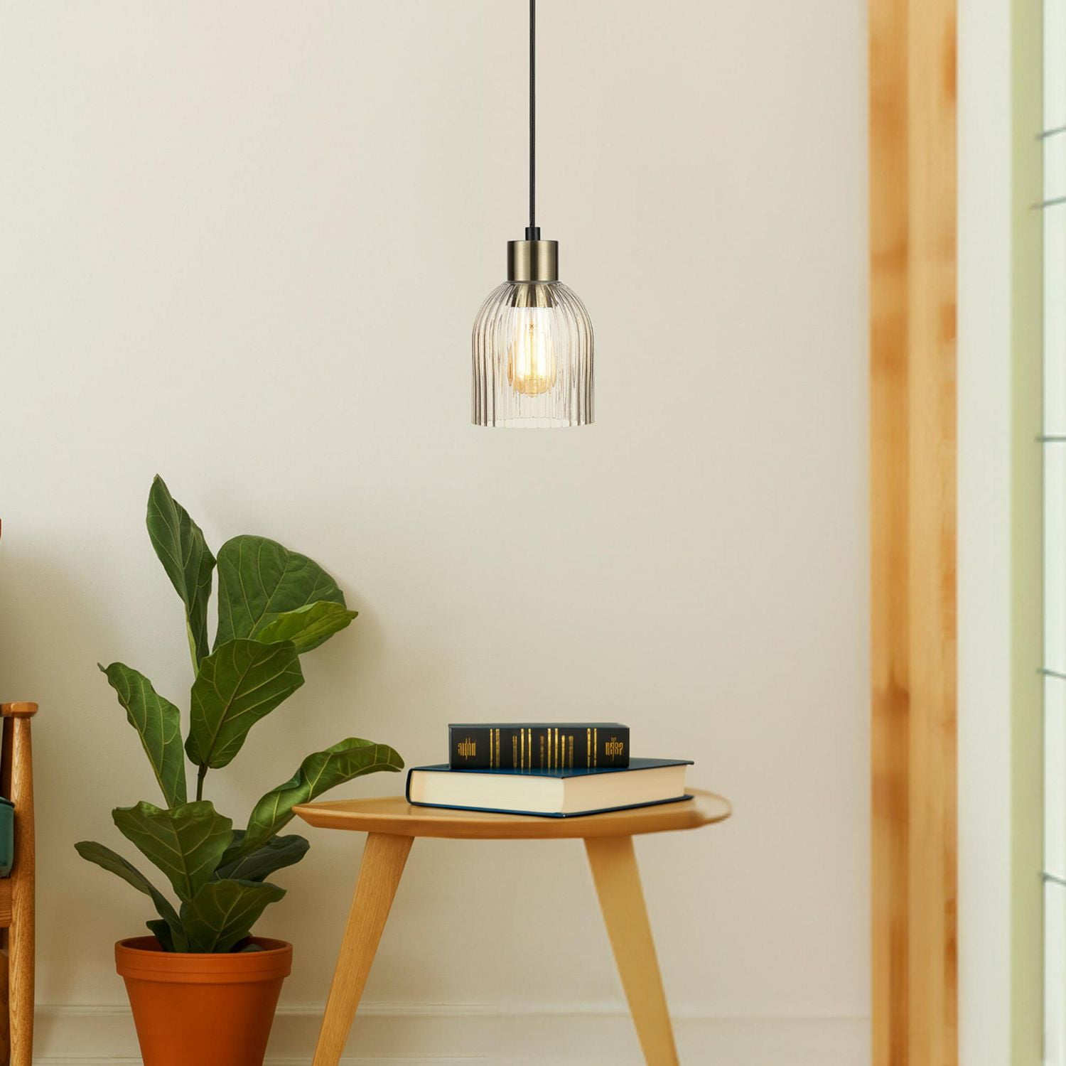 Globe Electric 1-Light Matte Black Pendant Light with Ribbed Glass Shade and Matte Brass Accent