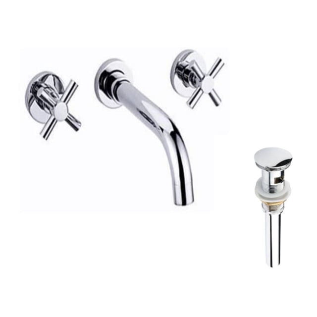 DROP Bath and Kitchen DR091444 Bathroom Sink Faucet Set with round shape in chrome from the Wheel series, wall-mounted brass faucet with two cross-handle valves and curved spout, includes a chrome drain with overflow, suitable for modern bathroom renovations.